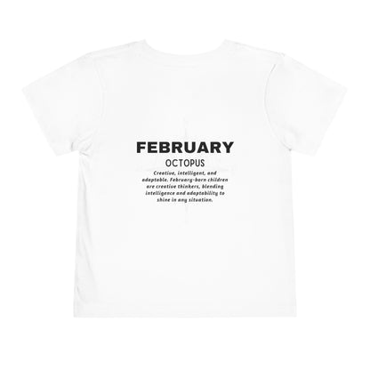 White kids birth month tshirt with February octopus design and descriptive text 