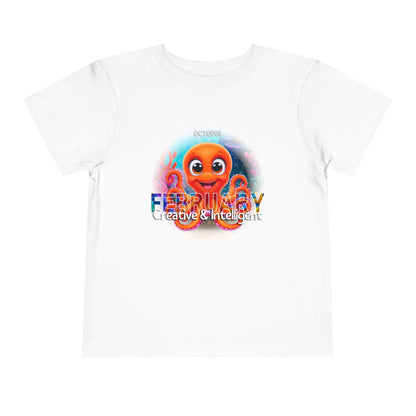 Kids birth month tshirt with cute orange octopus and February text on white background