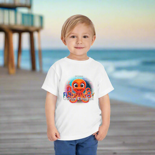 Kids birth month tshirt featuring a colorful October octopus design worn by a boy on the beach