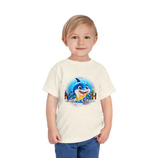 Toddler wearing kids birth month tshirt featuring March shark design in white