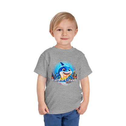 Toddler wearing gray kids birth month tshirt with March shark design energetic and fearless