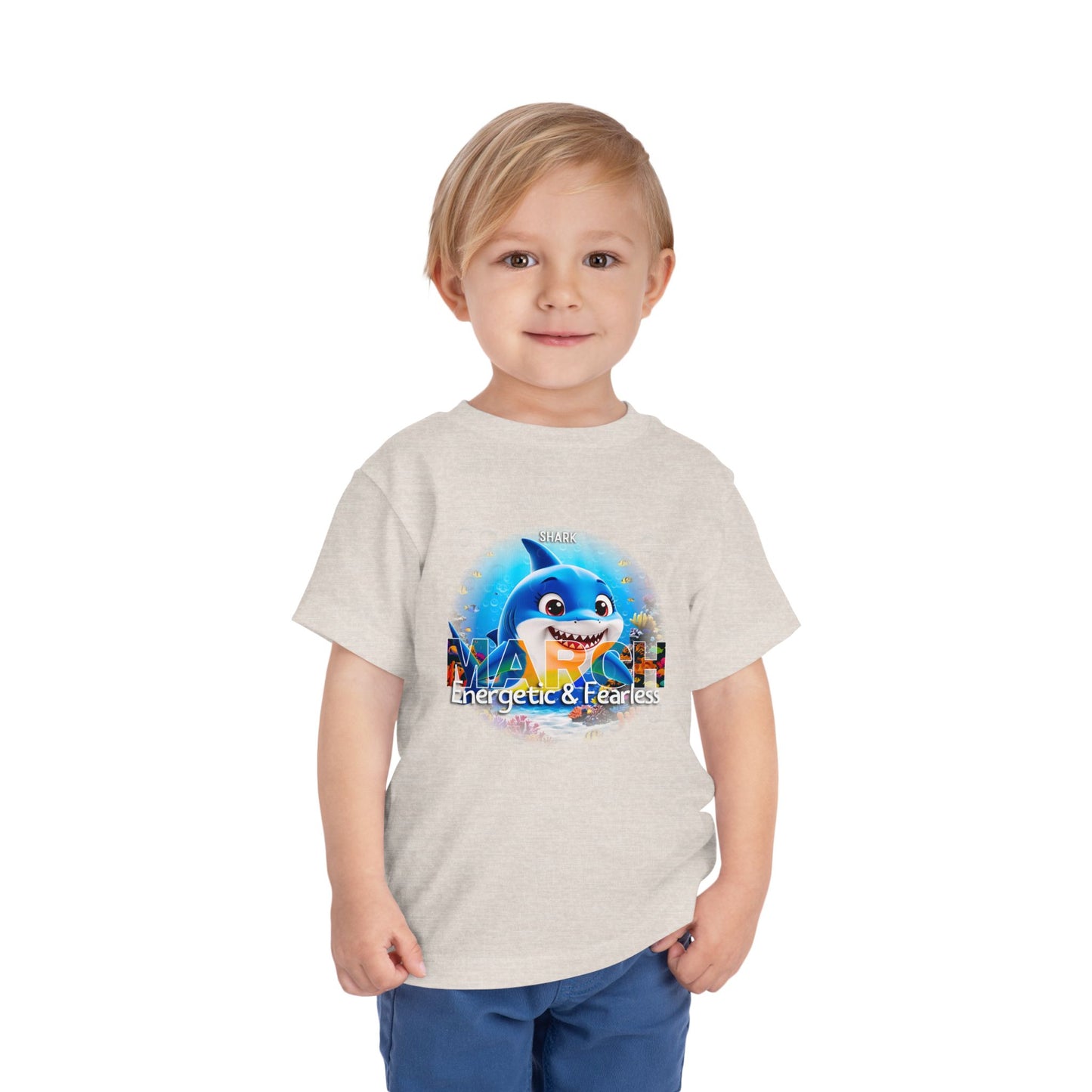 Kids birth month tshirt featuring a March design with a cartoon shark for children
