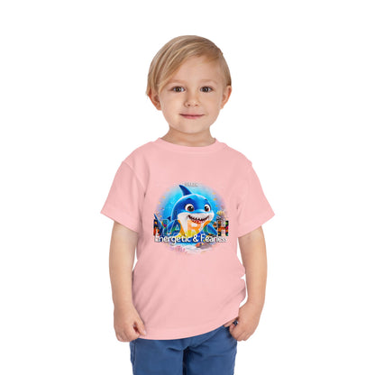 Toddler wearing pink kids birth month tshirt with March shark design and energetic fearless text