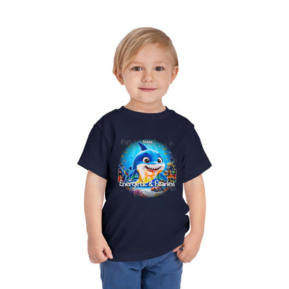 Boy wearing navy kids birth month tshirt featuring March shark design with energetic and fearless text