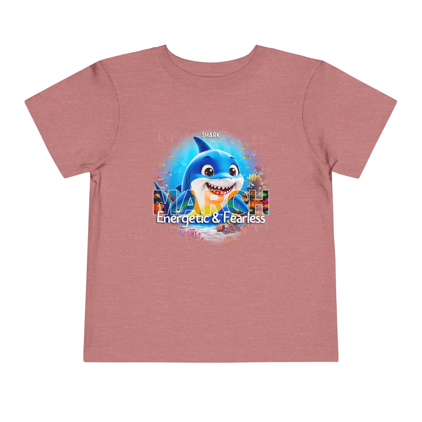 Kids birth month tshirt with March design featuring a cheerful blue shark and text Energetic and Fearless