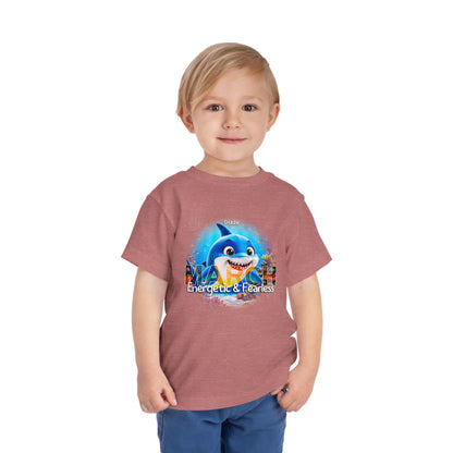 Toddler wearing a kids birth month tshirt featuring a March shark design with energetic and fearless text