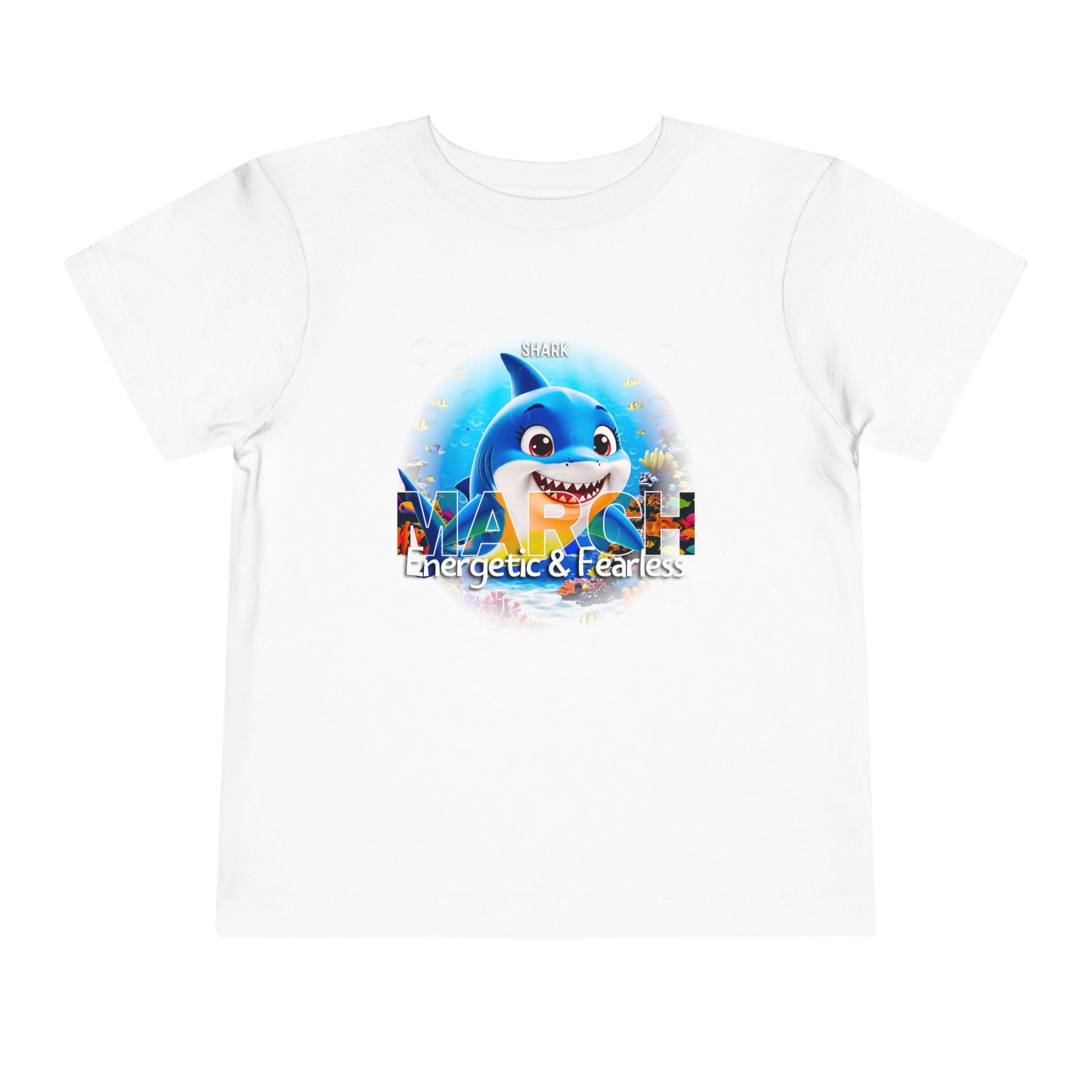 White kids birth month tshirt with March design featuring a blue shark and energetic fearless text