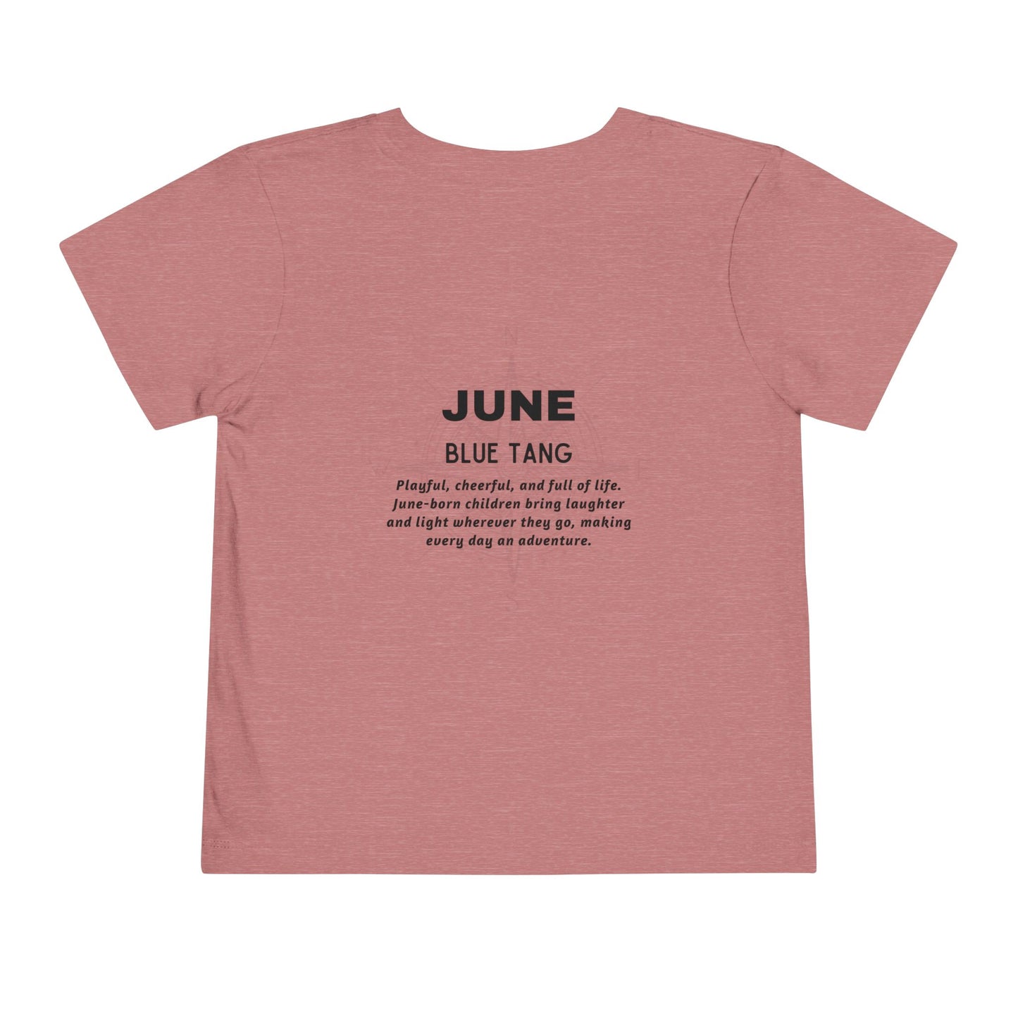 Kids birth month tshirt in pink with June Blue Tang design and descriptive text on the back