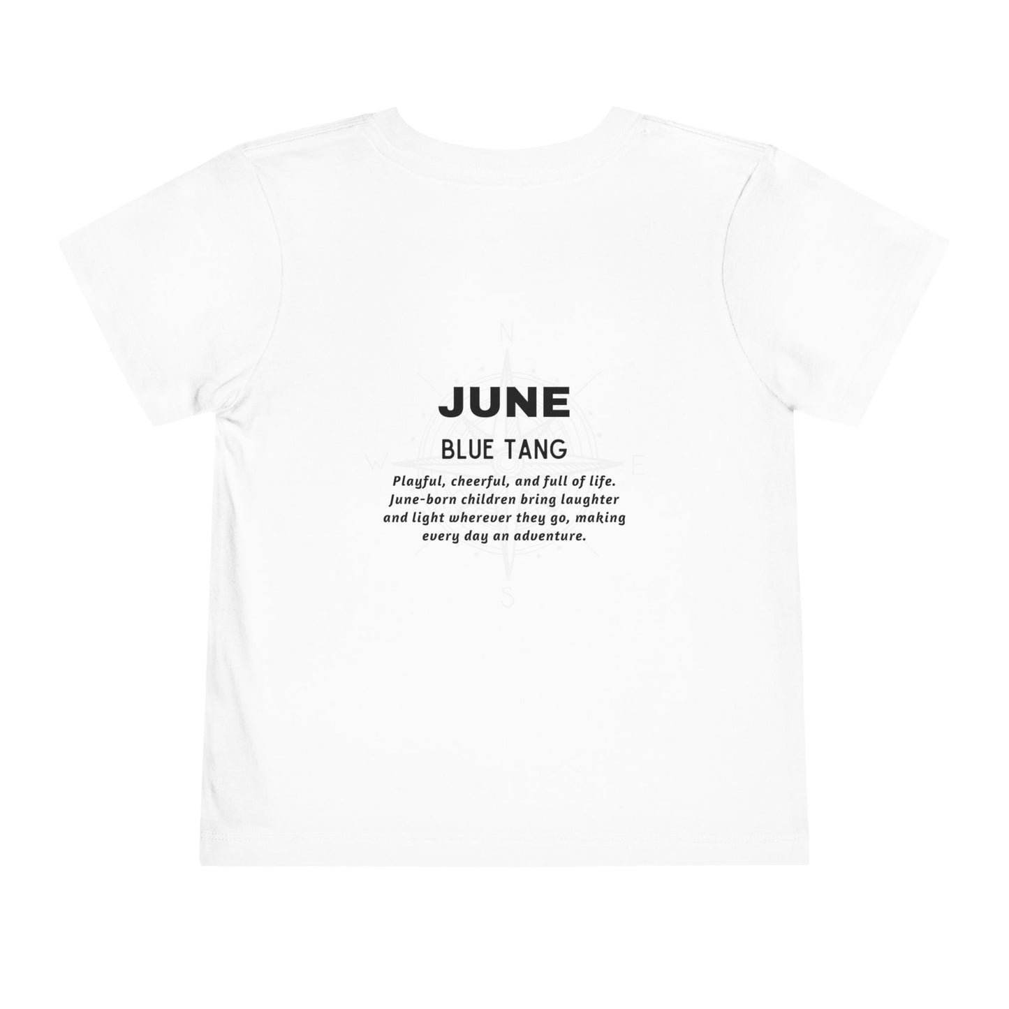White kids birth month tshirt with June Blue Tang design and playful text on back