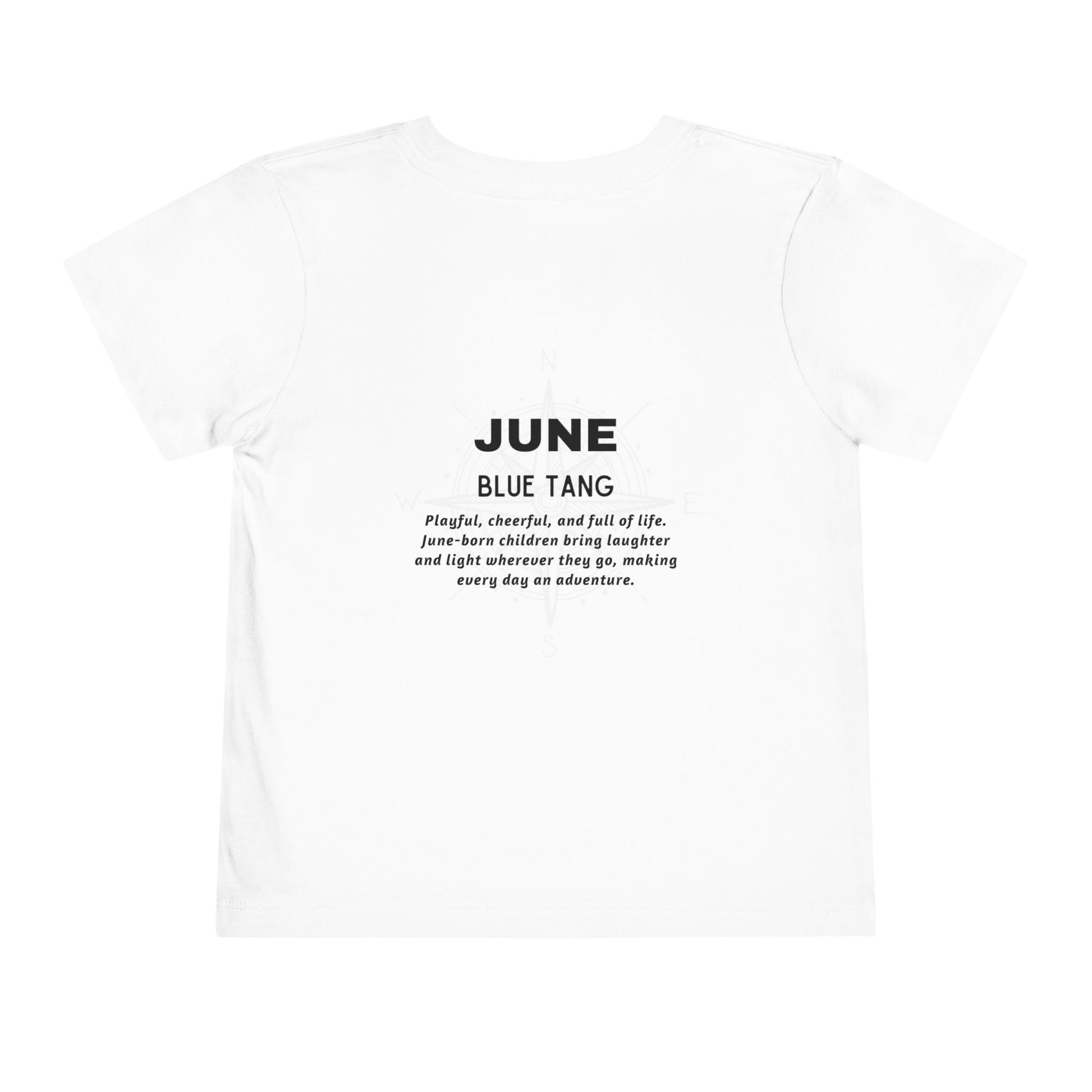 White kids birth month tshirt with June Blue Tang design and playful text on back