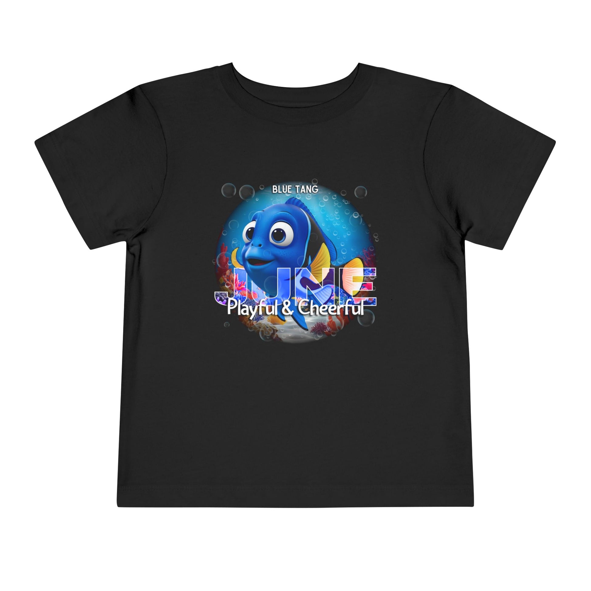 Black kids birth month tshirt featuring playful blue tang fish graphic with text playful and cheerful