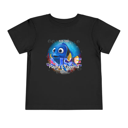 Black kids birth month tshirt featuring playful blue tang fish graphic with text playful and cheerful