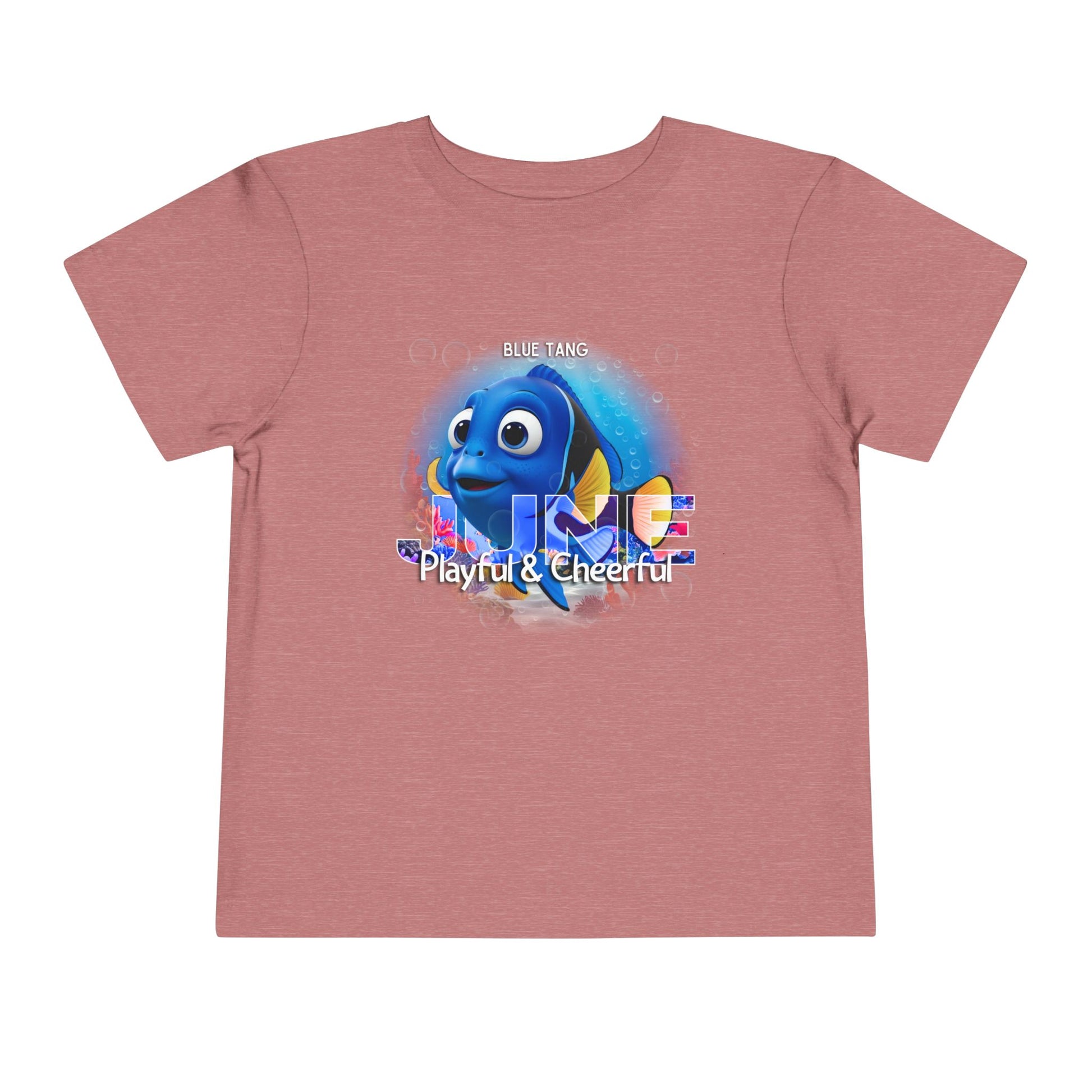 Kids birth month tshirt featuring a playful blue tang fish graphic on a dusty pink kids shirt