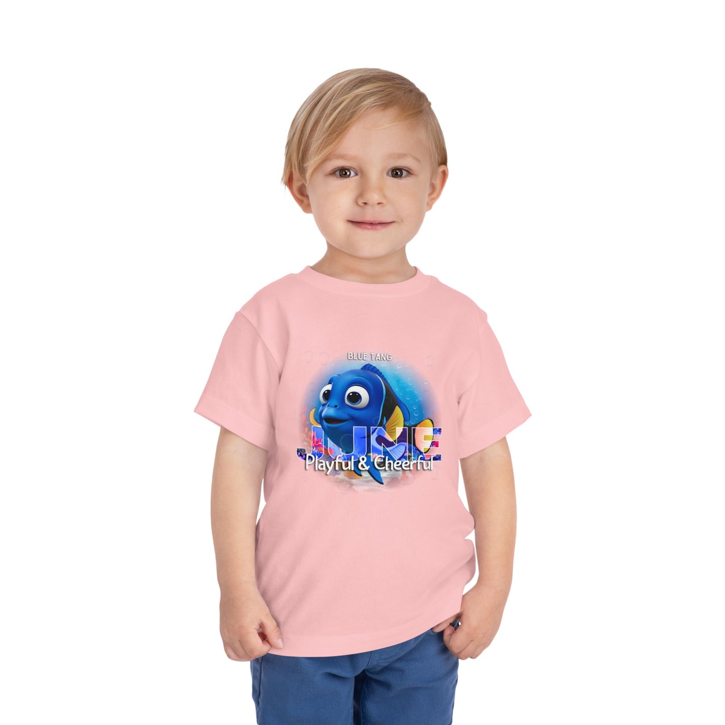 Kids birth month tshirt in pink featuring a playful cartoon fish design for June