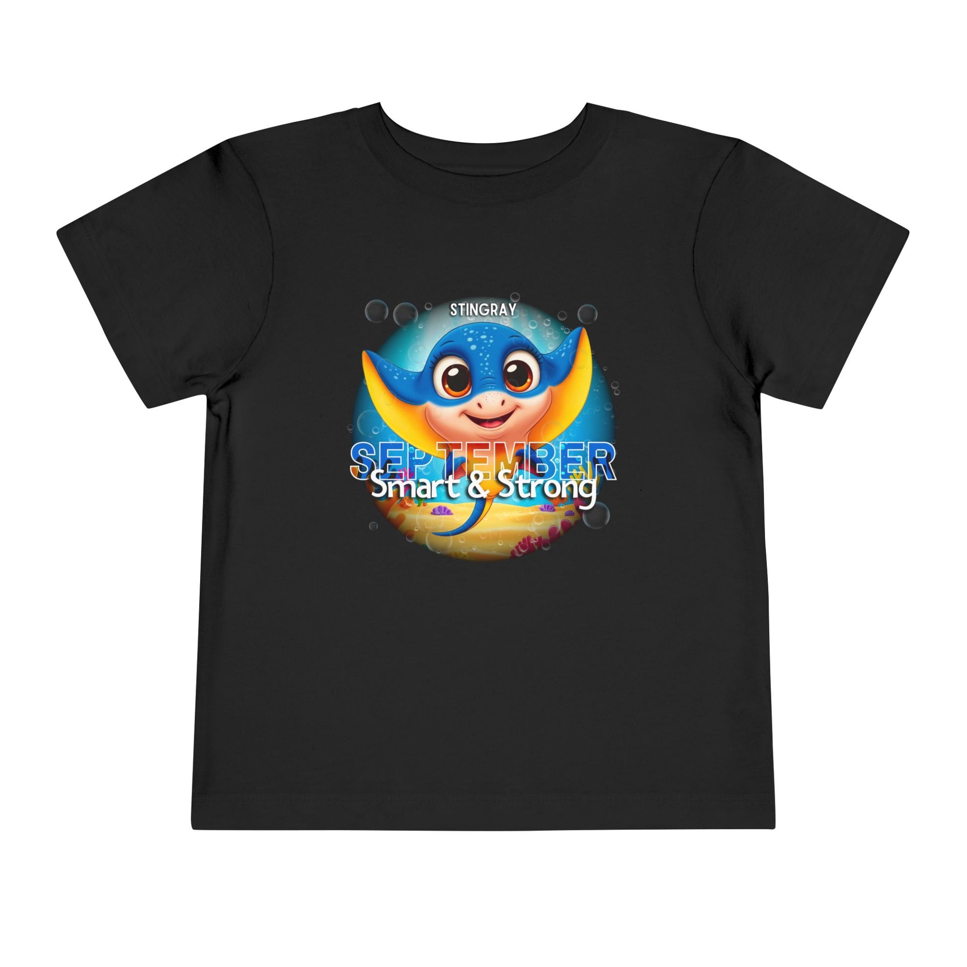 Black kids birth month tshirt featuring a cute blue stingray and September text with smart and strong design