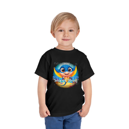 Child wearing a black kids birth month tshirt with a colorful stingray and September design