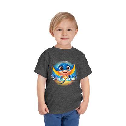 Kids birth month tshirt with colorful stingray design for September, worn by young boy