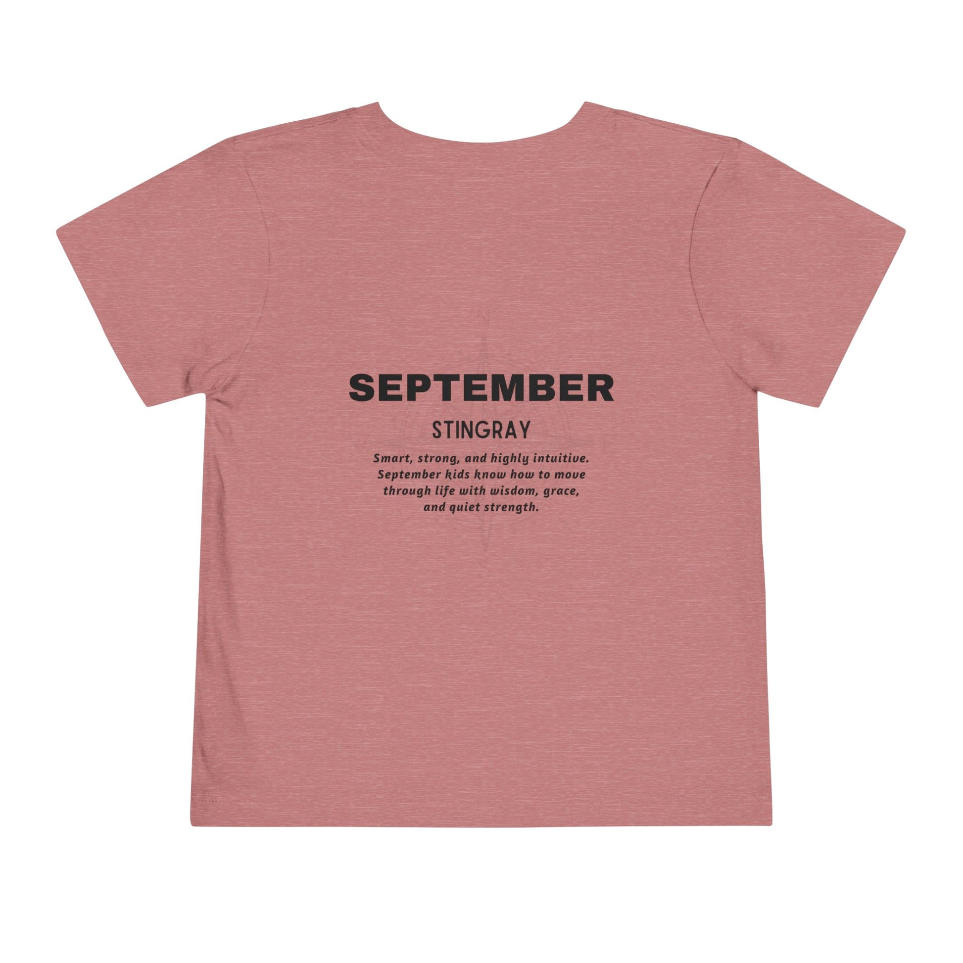 Kids birth month tshirt in pink with September text and inspirational message on back