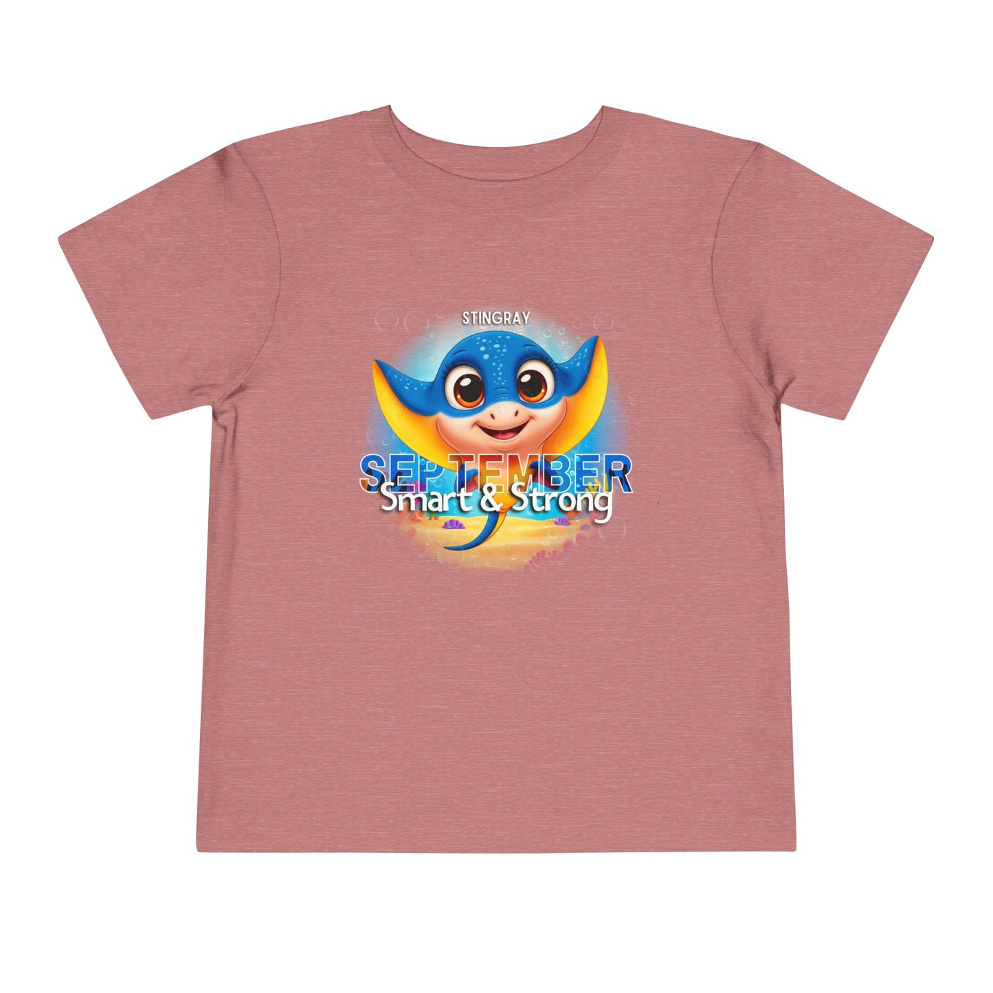 Kids birth month tshirt featuring a cute stingray and September text on pink short sleeve shirt