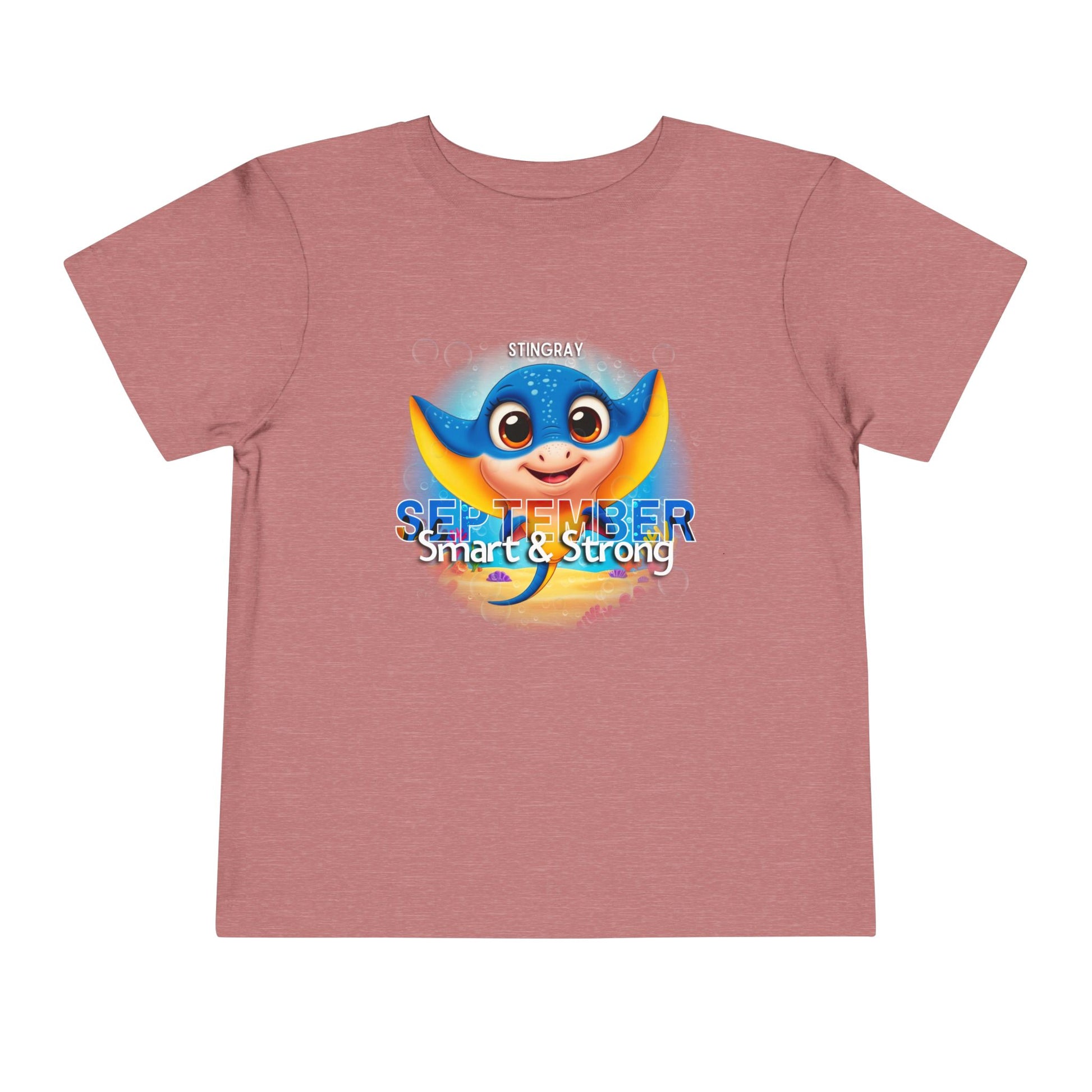 Kids birth month tshirt featuring a cute stingray and September text on pink short sleeve shirt