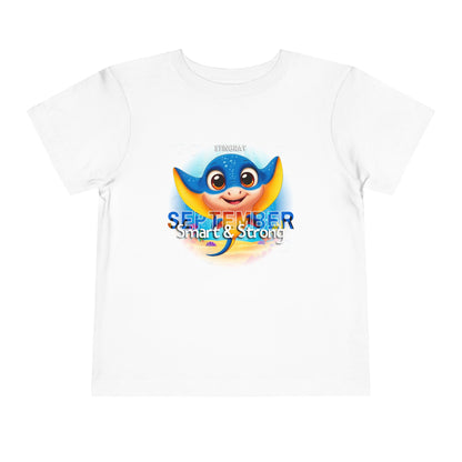 Kids birth month tshirt in white with colorful smart and strong stingray design for September