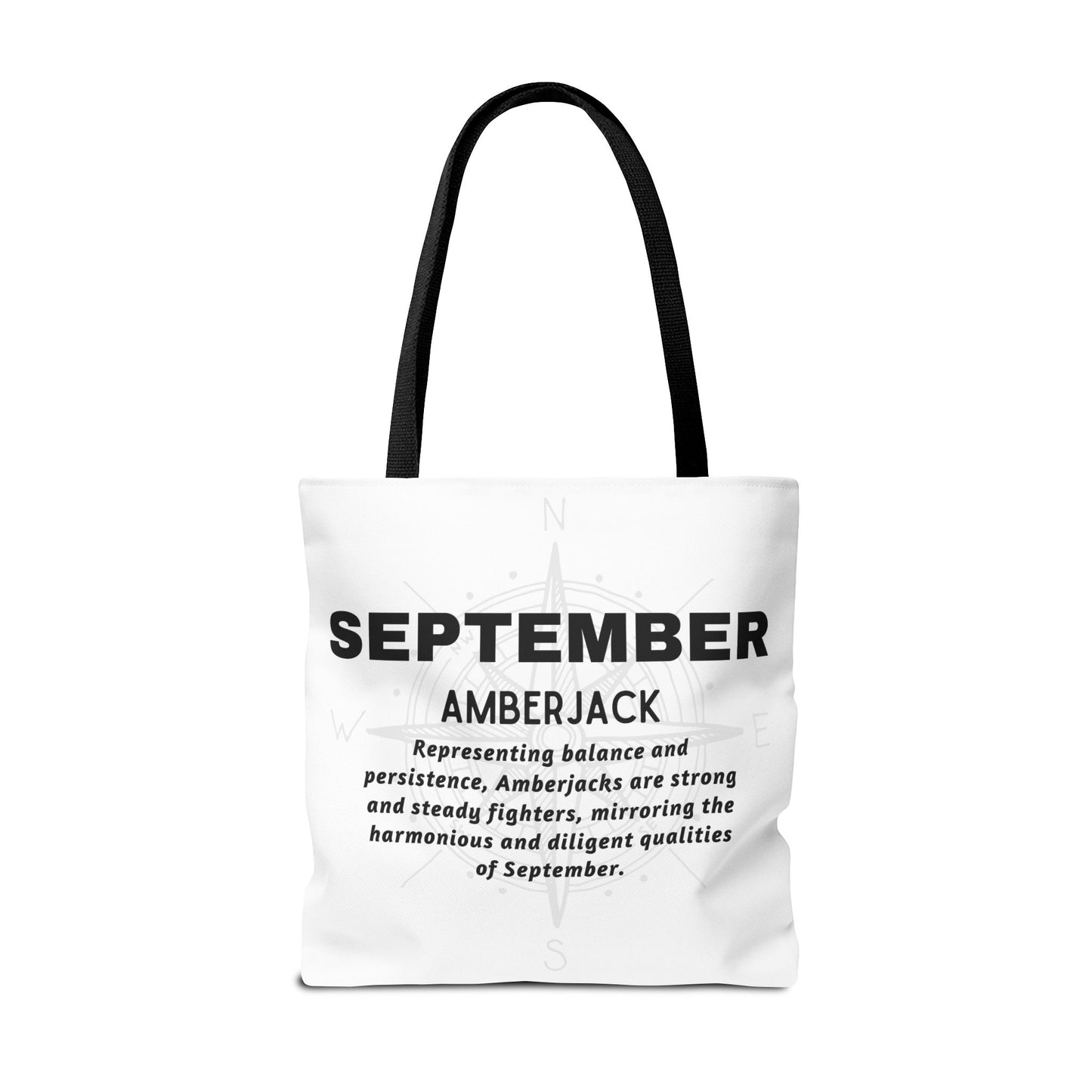 White birth month beach tote with September Amberjack design and black handles