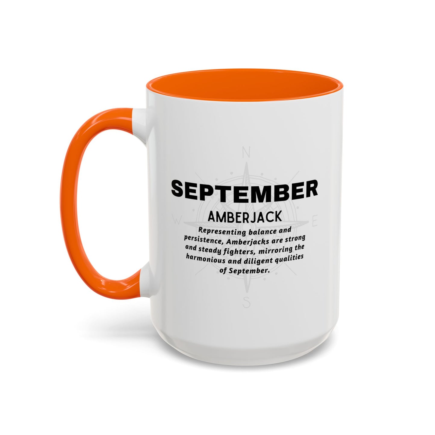 White birth month coffee mug with orange handle and interior, featuring text about the month of September and the fish species Amberjack.