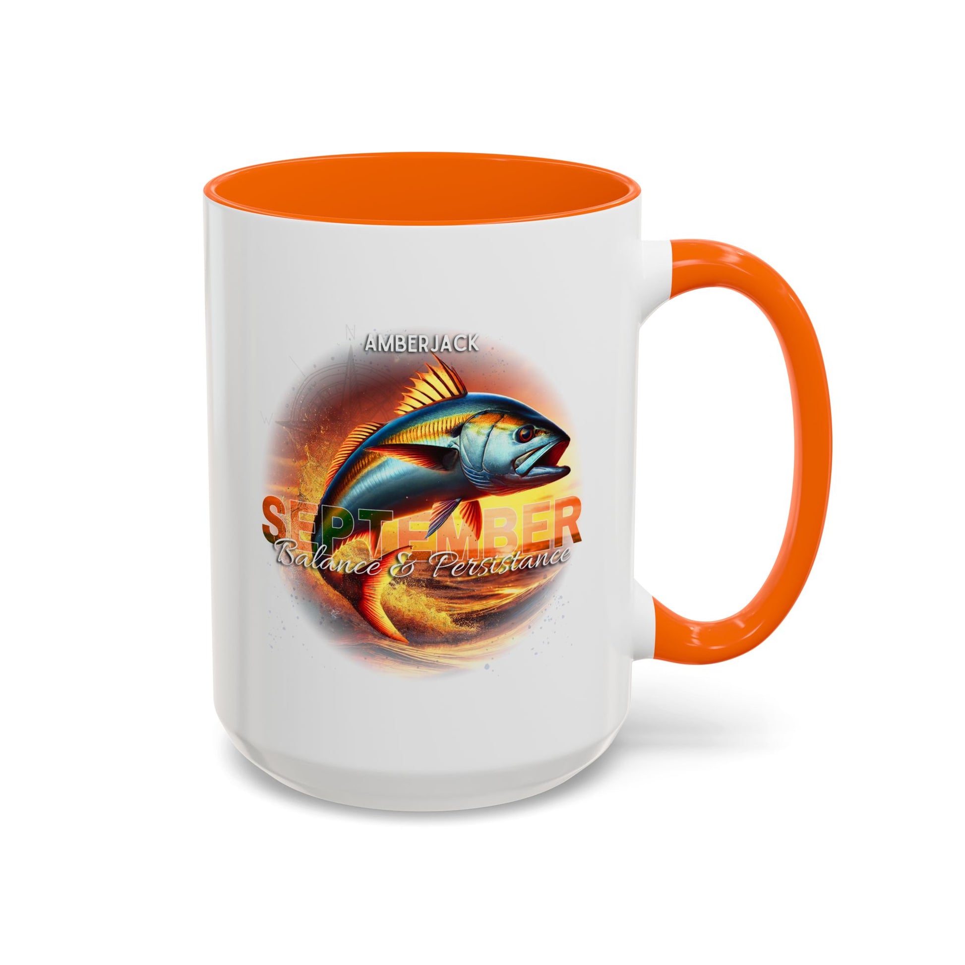 Birth Month Coffee Mug with September Amberjack design and text on a white background