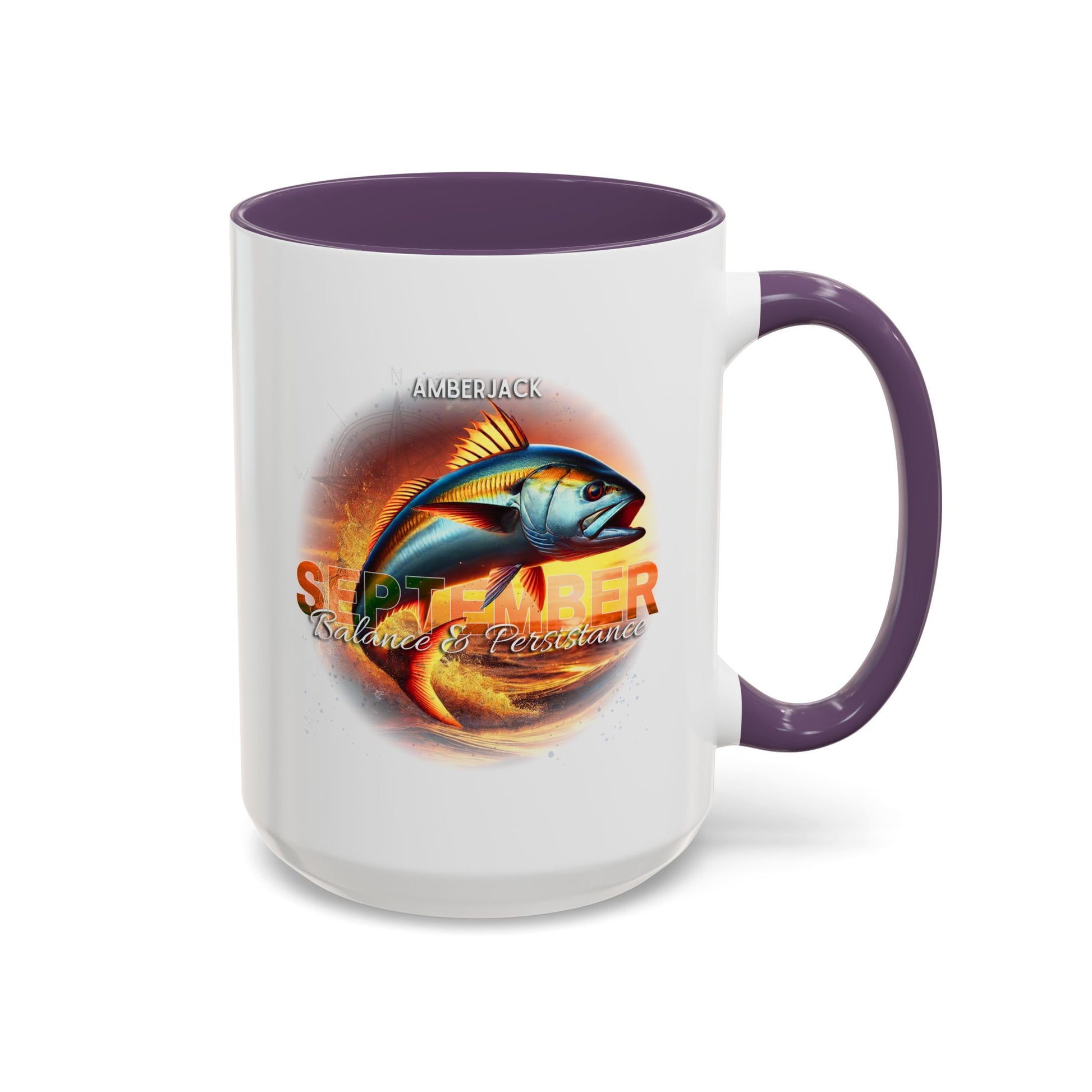 Birth Month Coffee Mug with September Amberjack design and text on a white background
