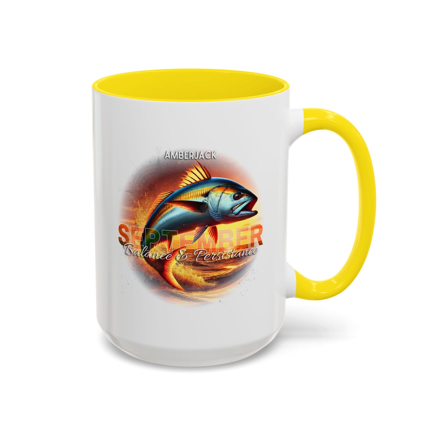 Birth Month Coffee Mug with a September Amberjack design and text on a white background