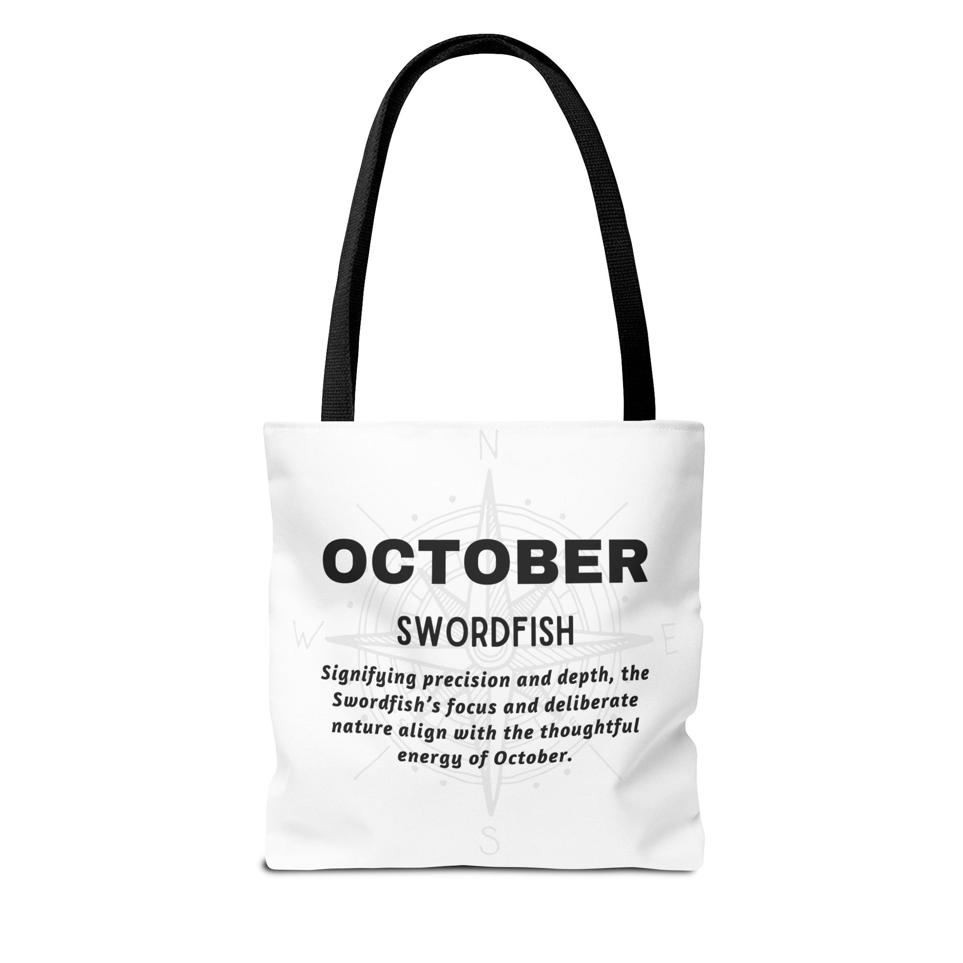 October Swordfish birth month beach tote with compass design and thoughtful energy description