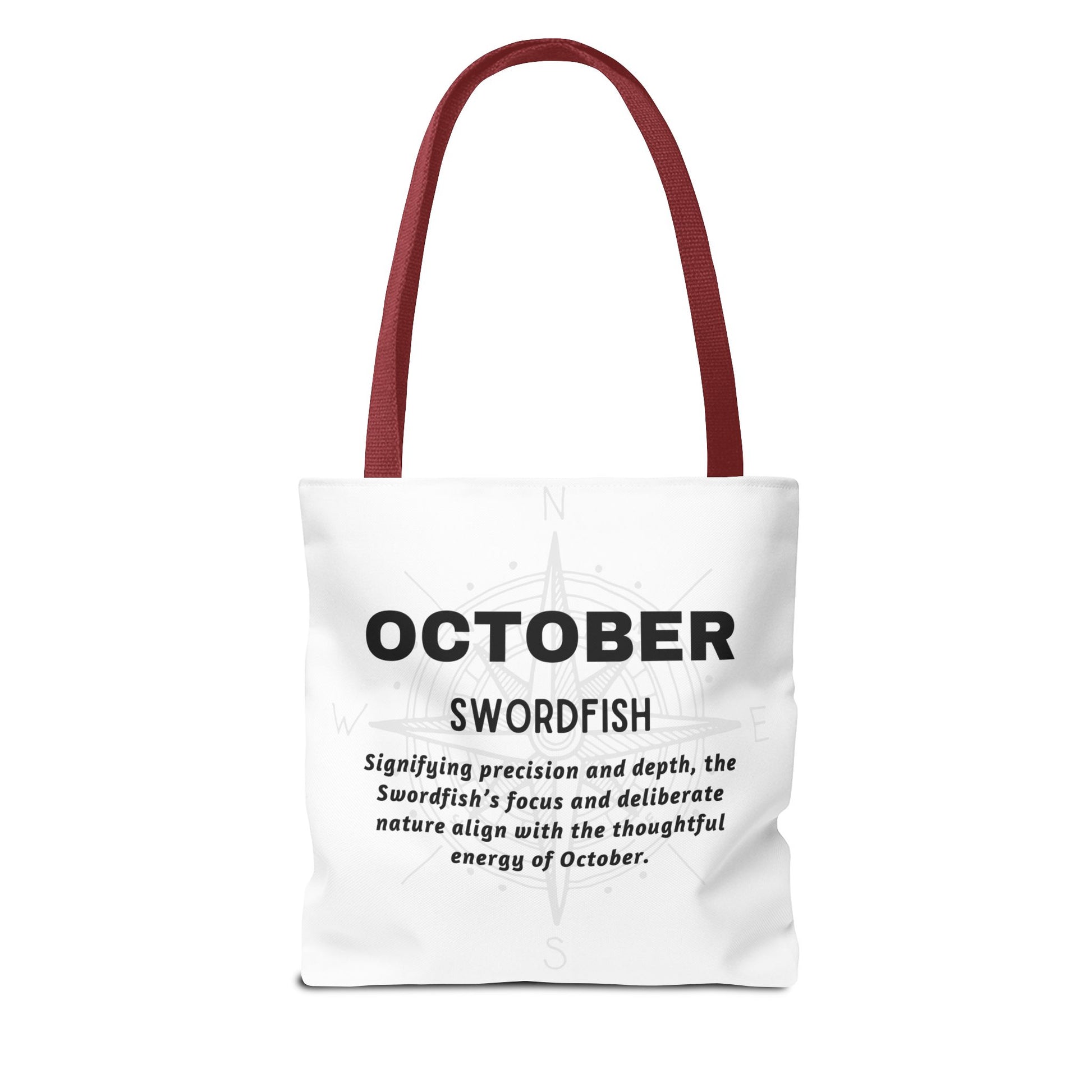 Birth month beach tote for October with swordfish design and maroon handles