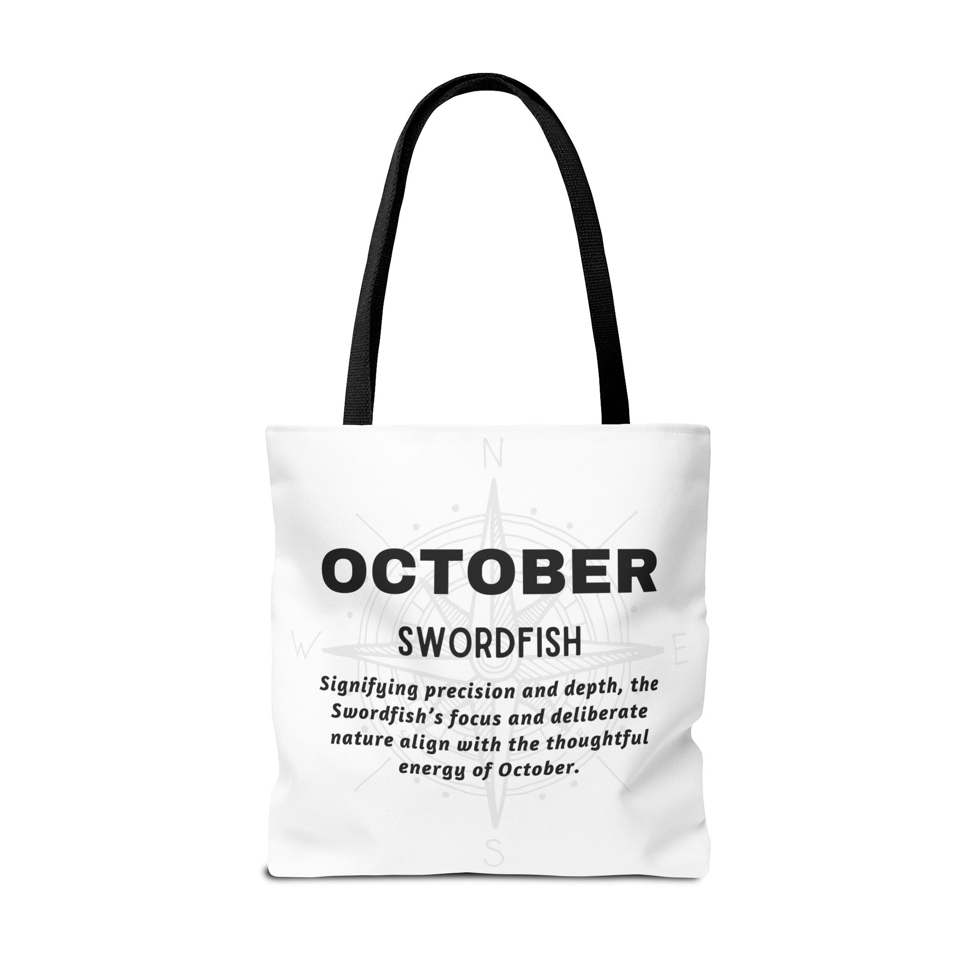 October birth month beach tote featuring Swordfish design with thoughtful October energy text