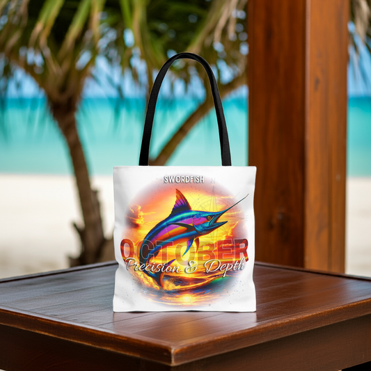 October birth month beach tote with colorful swordfish design and black handles on wooden table