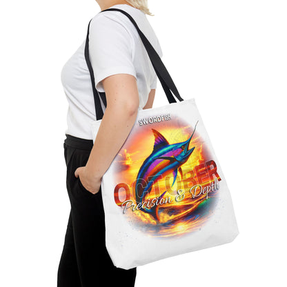 Birth month beach tote with colorful swordfish and October design carried on shoulder