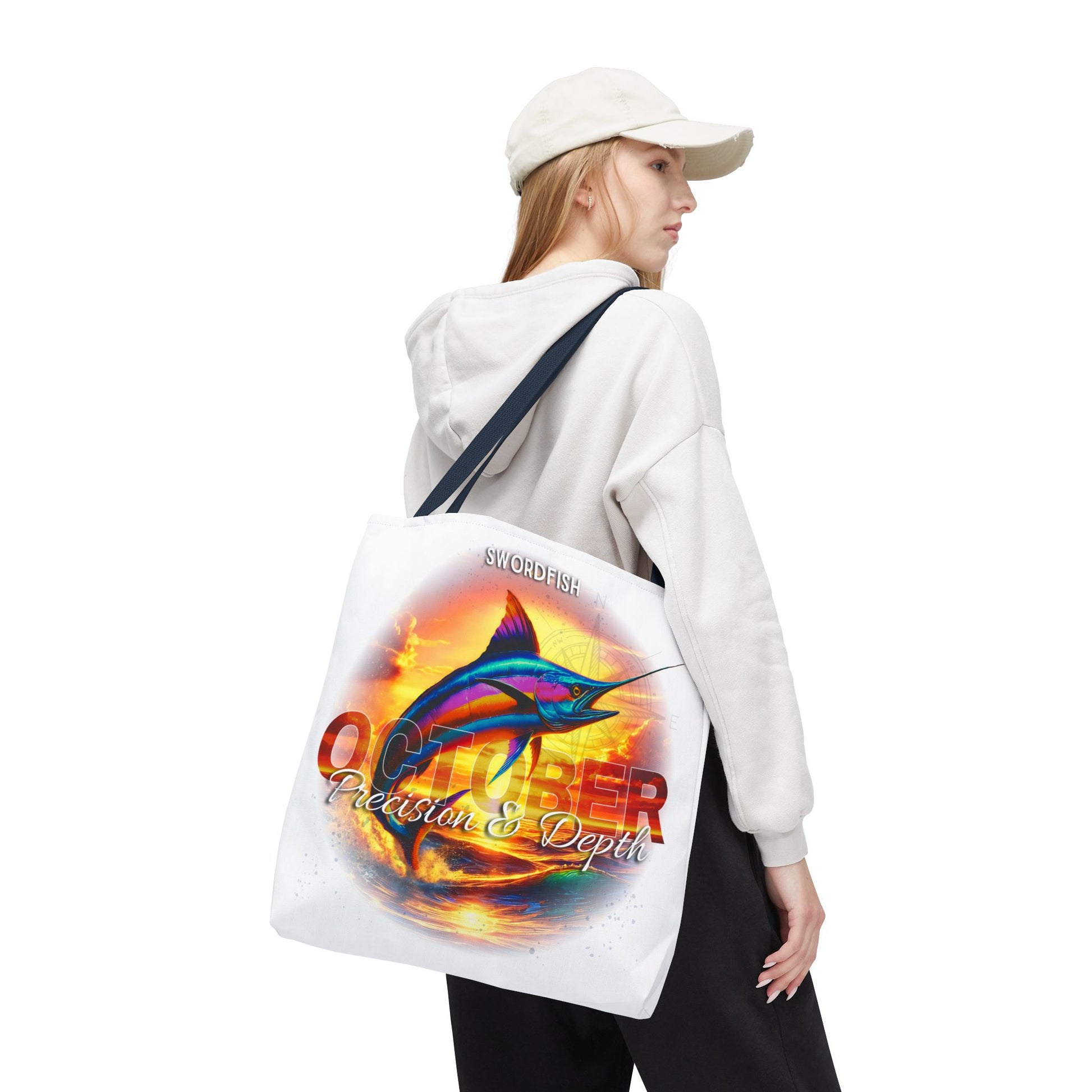 Birth month beach tote with colorful swordfish design for October carried by woman in casual outfit