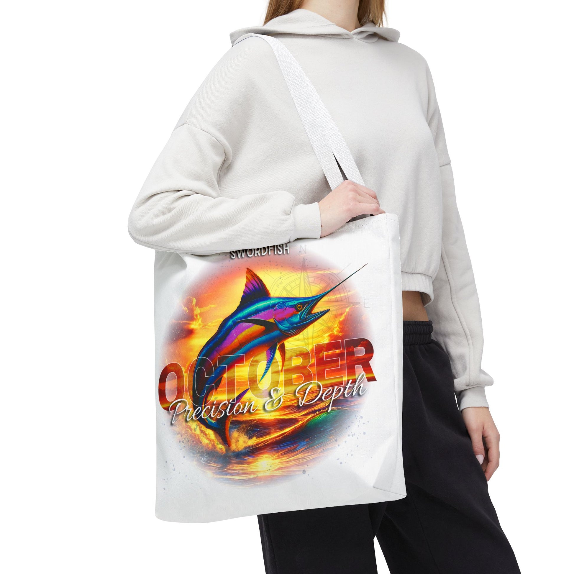 Birth month beach tote featuring October design with marlin fish and sunset colors