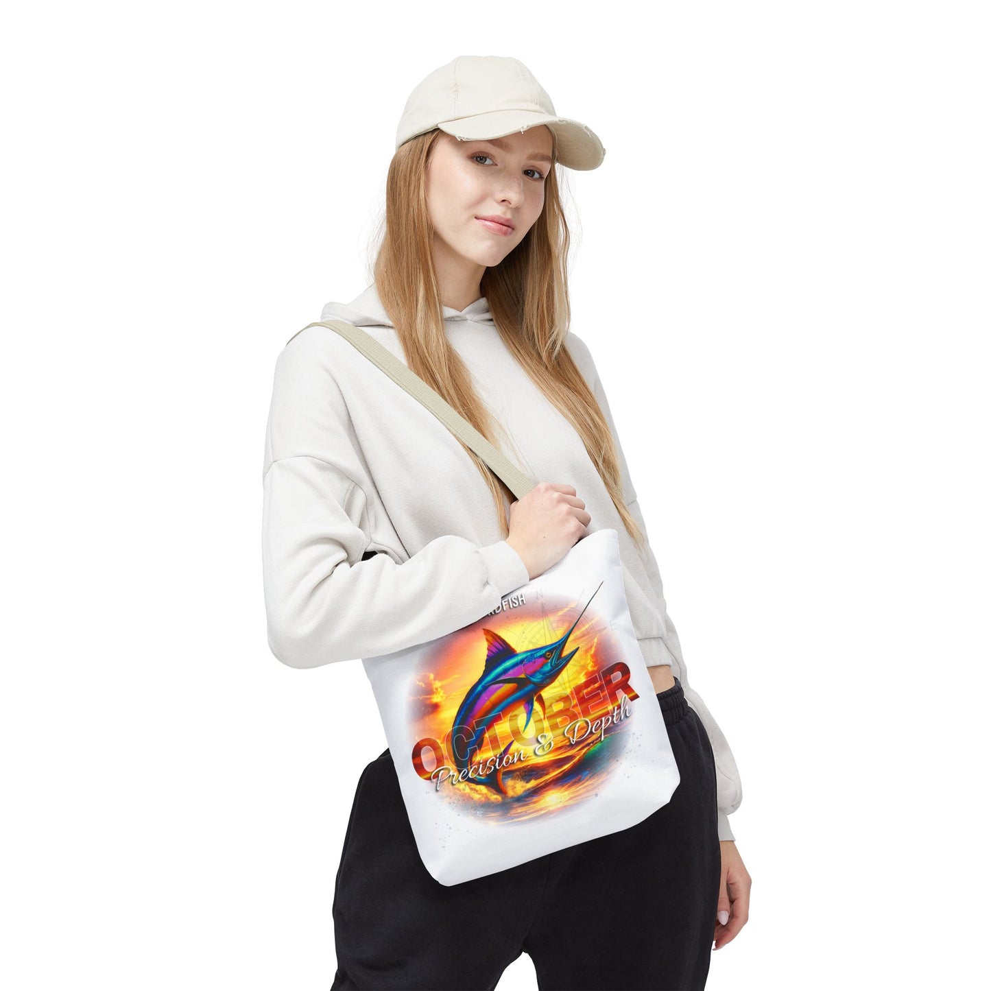 Woman wearing casual outfit carrying a birth month beach tote with colorful marlin fish design