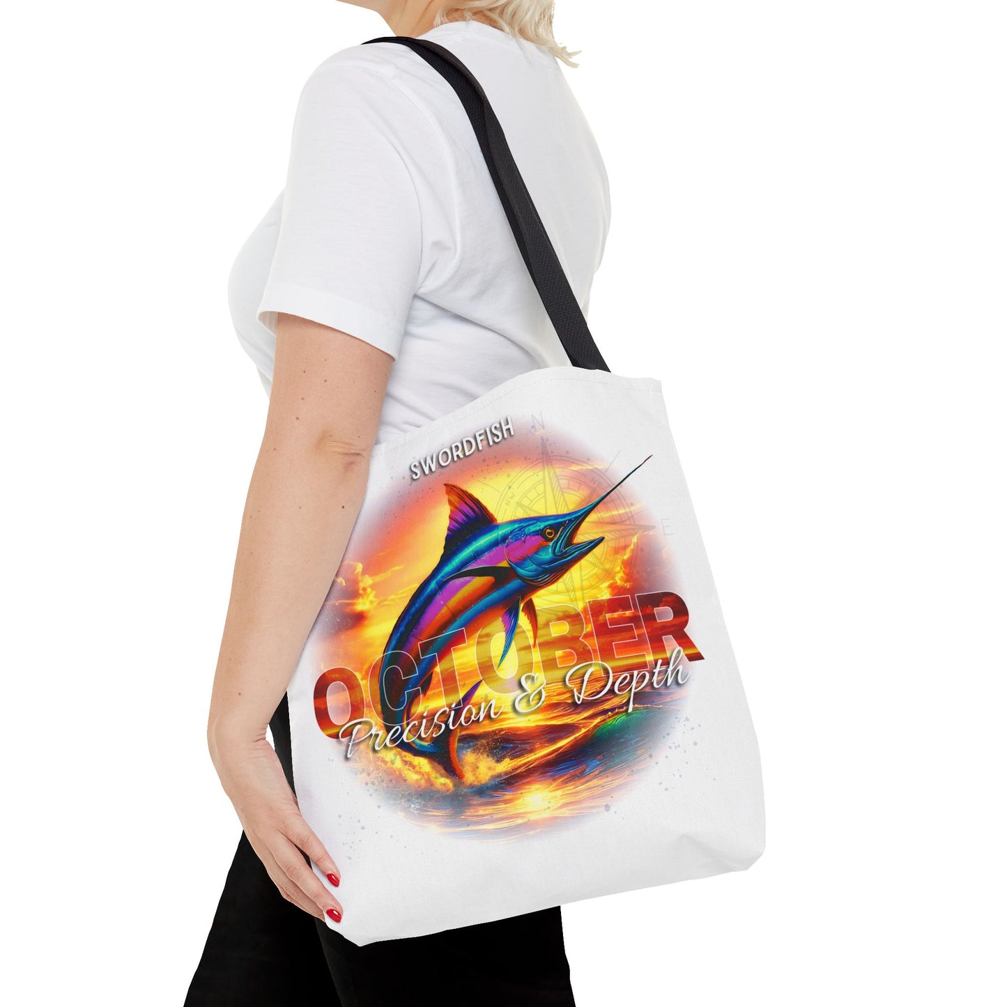 White October birth month beach tote with swordfish design and black shoulder straps