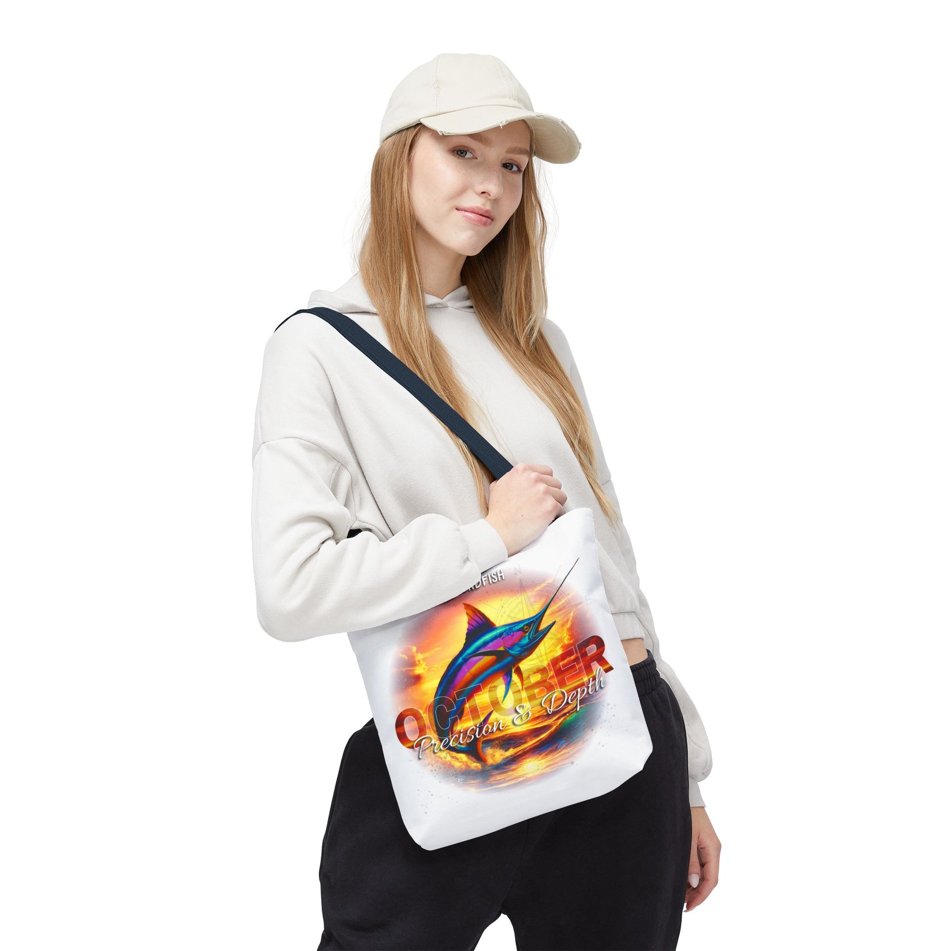 Birth month beach tote with colorful marlin fish design worn by woman in casual outfit