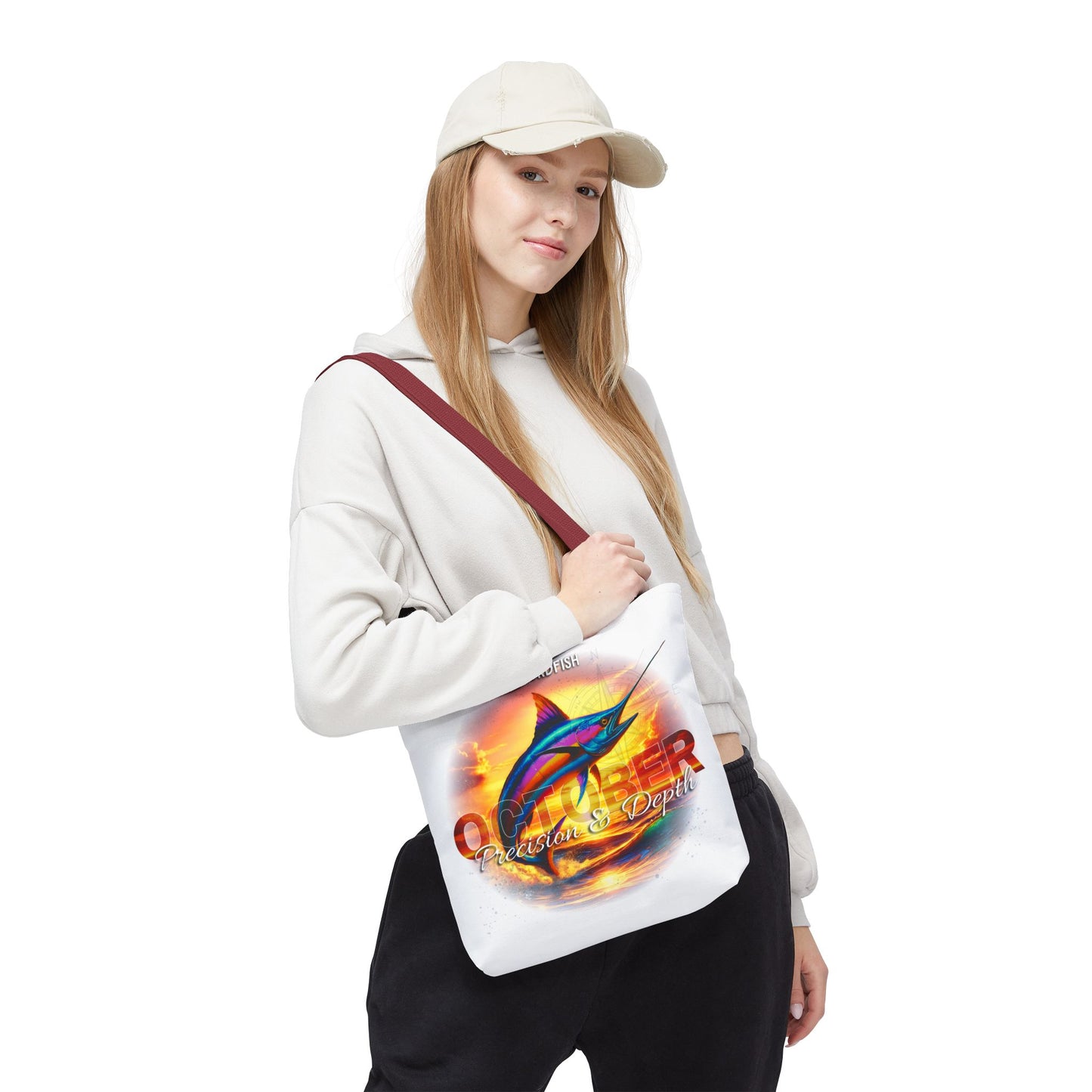 Woman wearing a birth month beach tote with colorful marlin fish design and sunset background