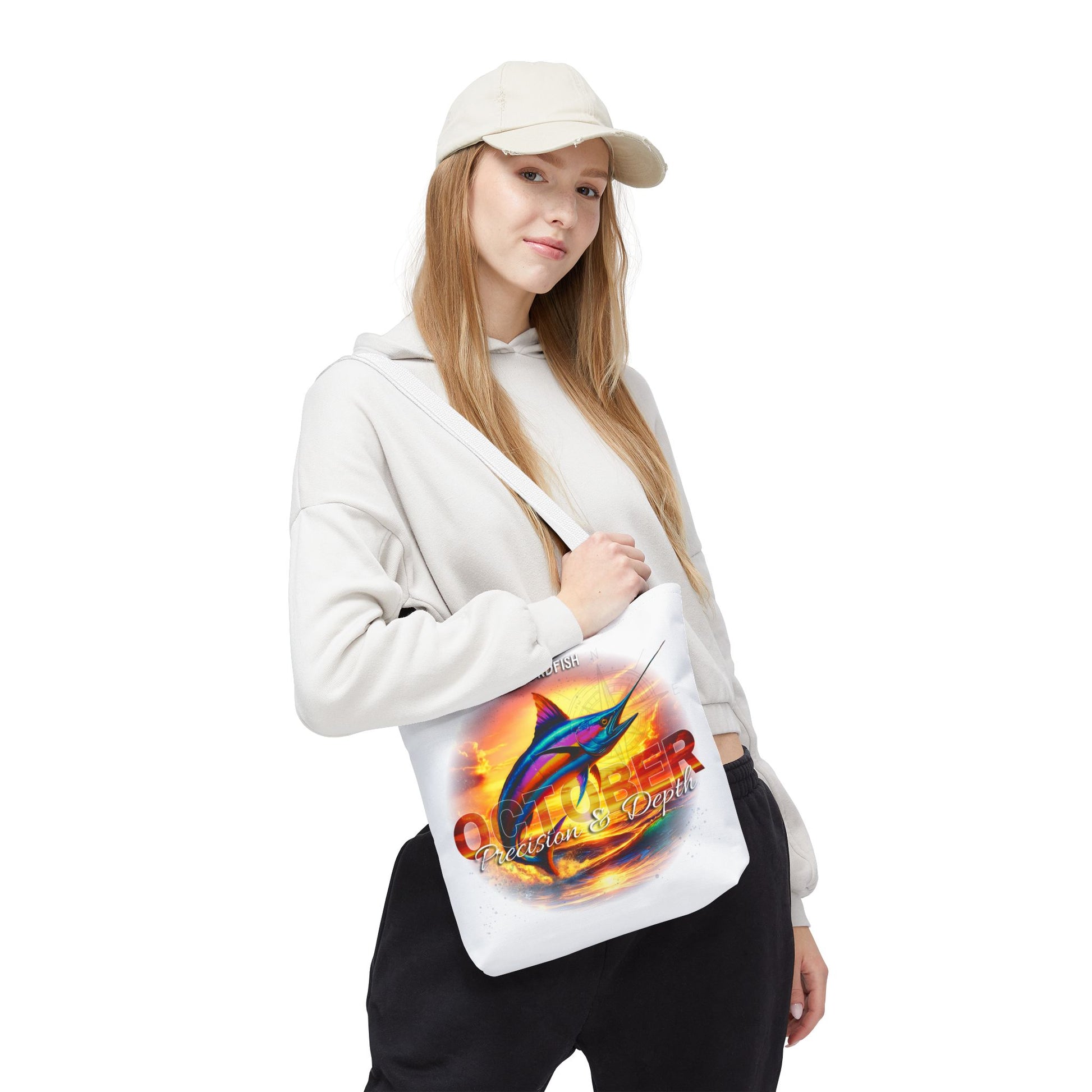 Woman wearing a white birth month beach tote with colorful marlin fish design 