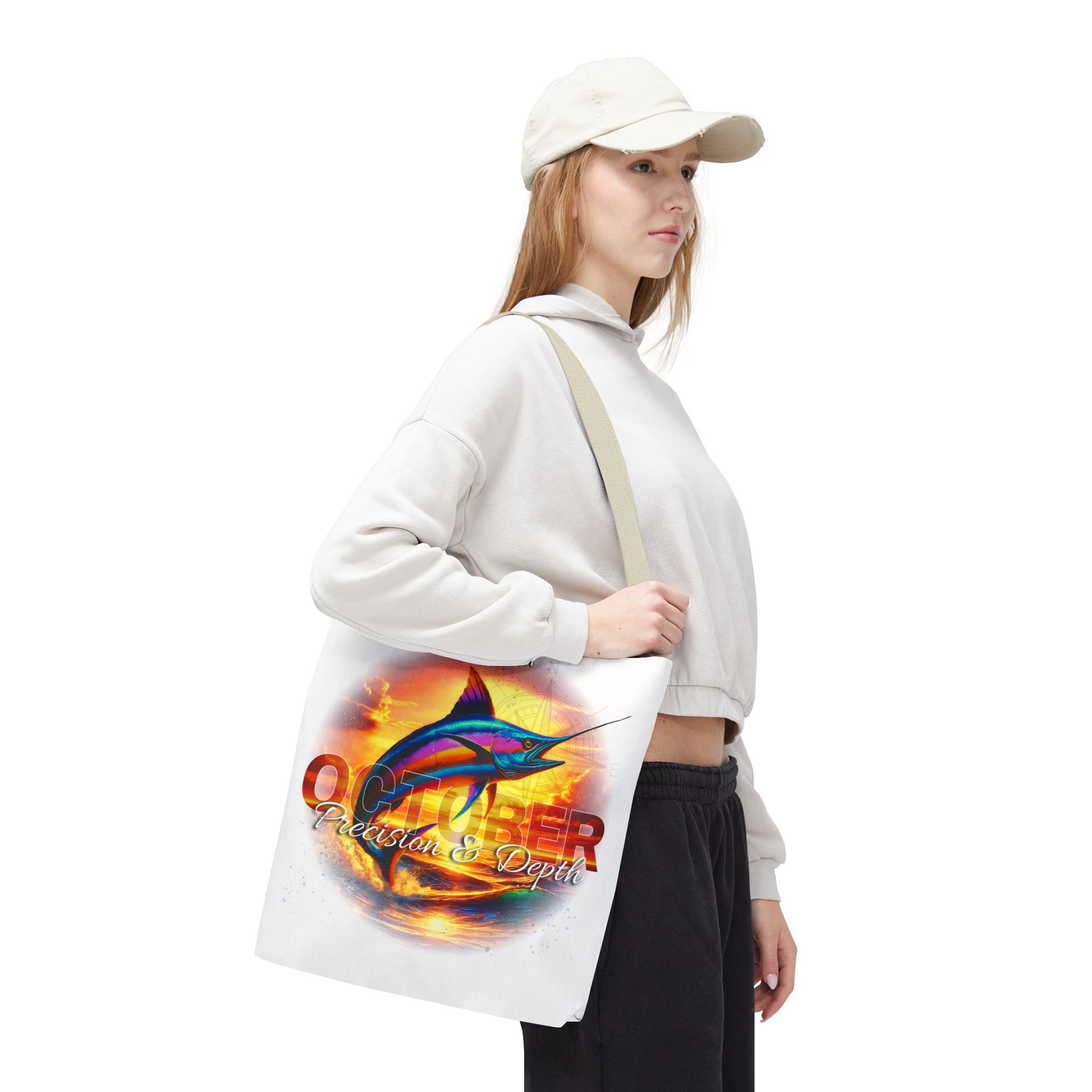 Birth month beach tote with colorful marlin fish design carried by woman in casual outfit
