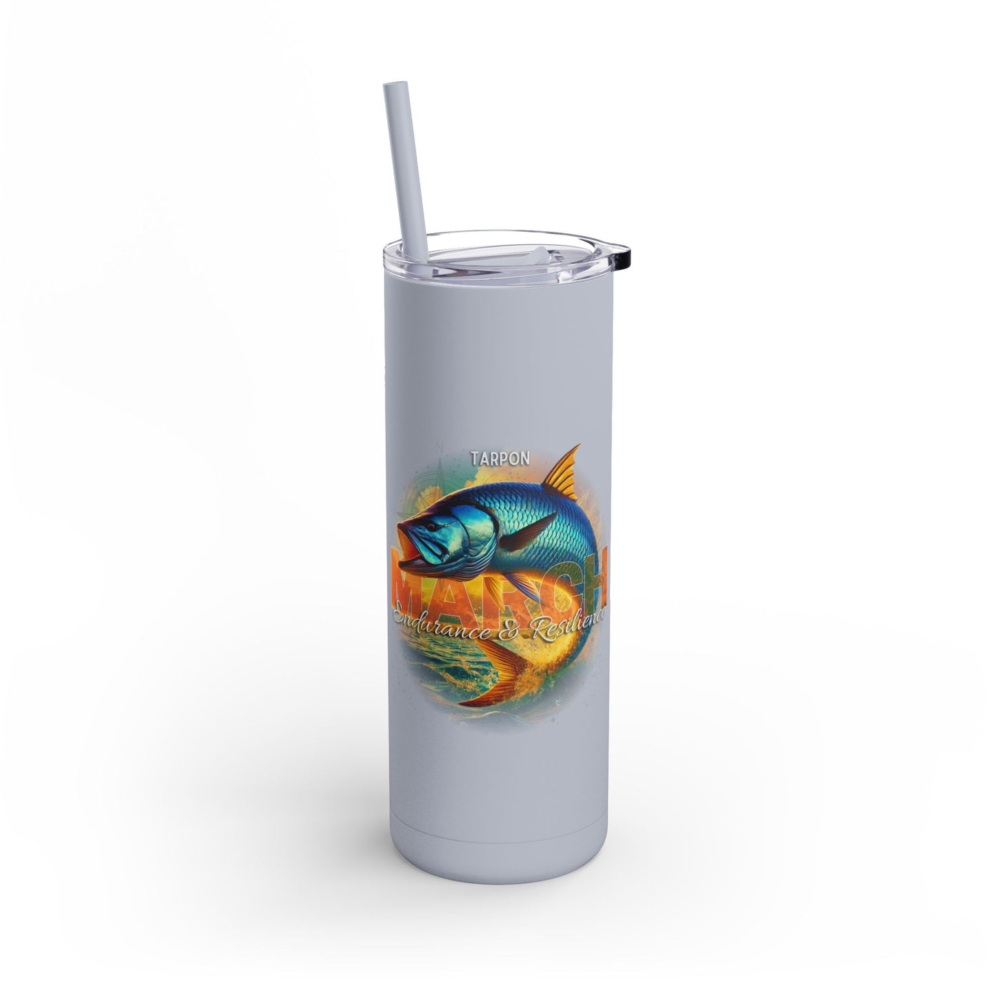 Birth month travel tumbler with colorful tarpon fish design and clear lid with straw