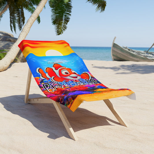 Colorful birth month kids beach towel with clownfish design draped over wooden beach chair on sandy shore