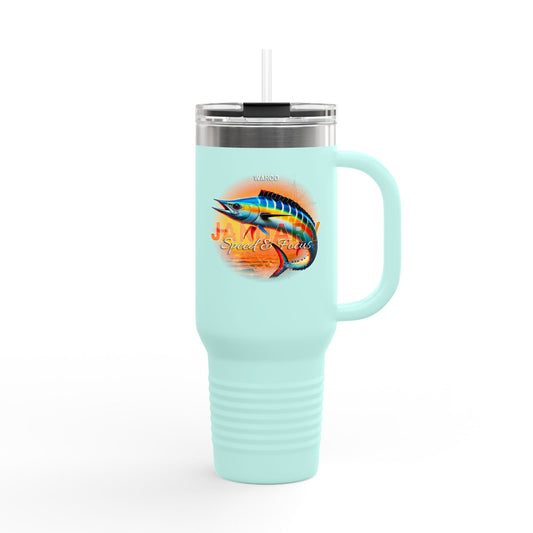 Birth month travel mug in light blue with colorful fish design and handle
