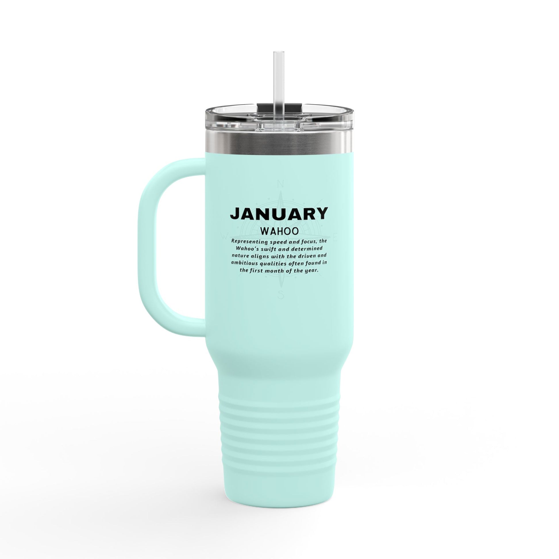 Light blue January birth month travel mug with handle and clear lid with straw