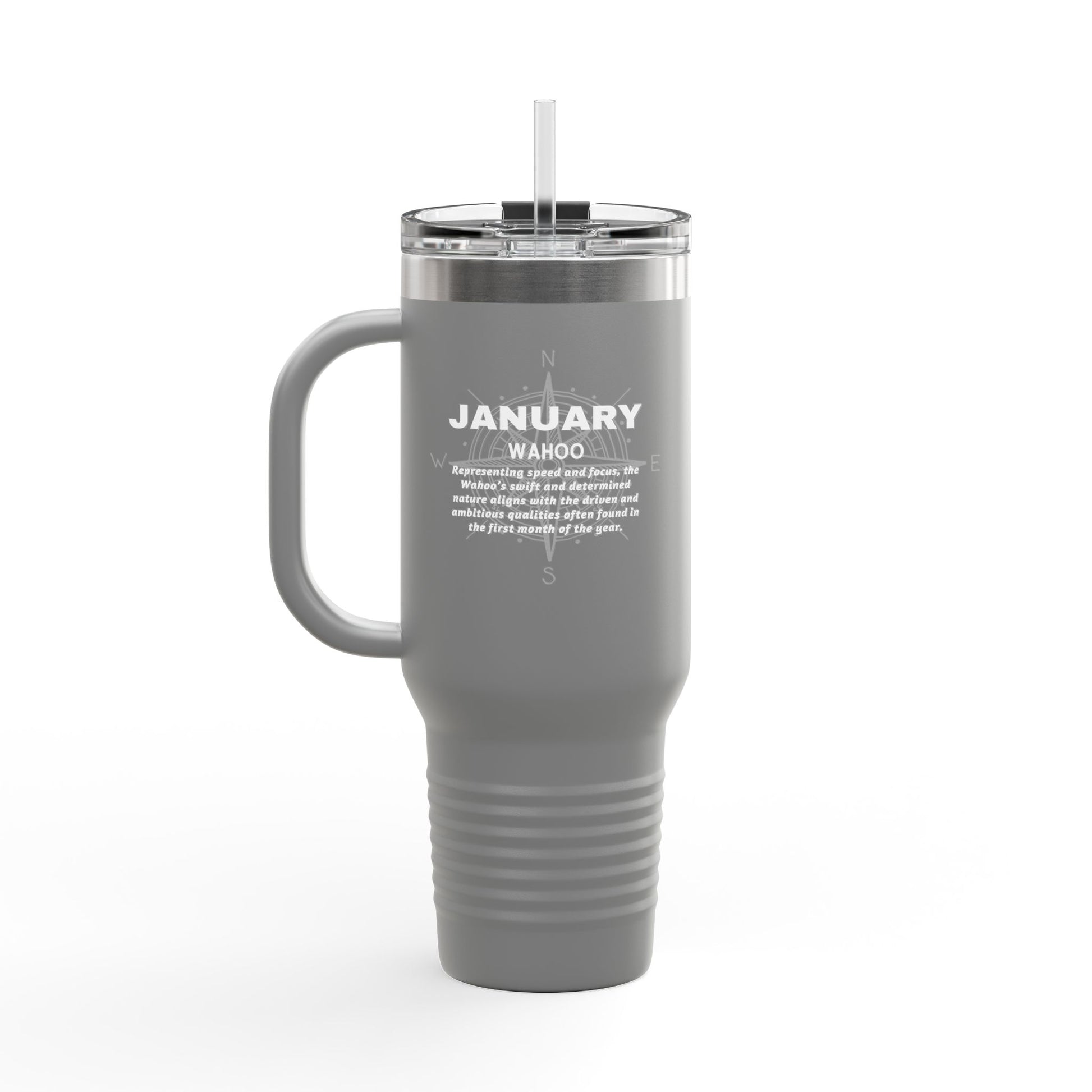Gray January birth month travel mug with handle and clear lid 