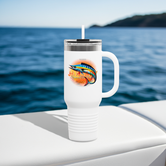 White birth month travel mug with colorful fish design and handle on boat with ocean background
