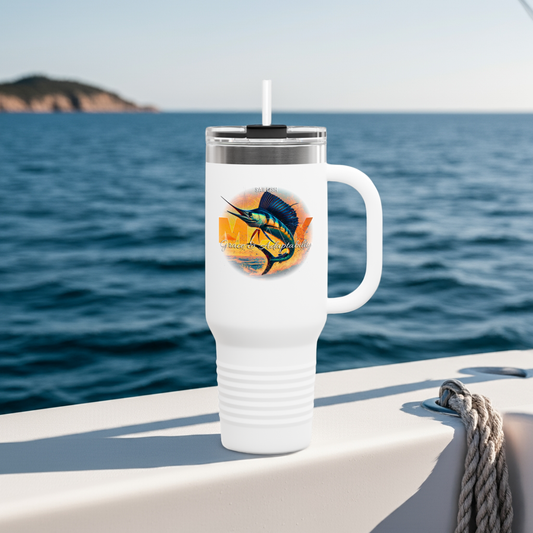 White birth month travel mug with marlin fish design on boat with ocean background